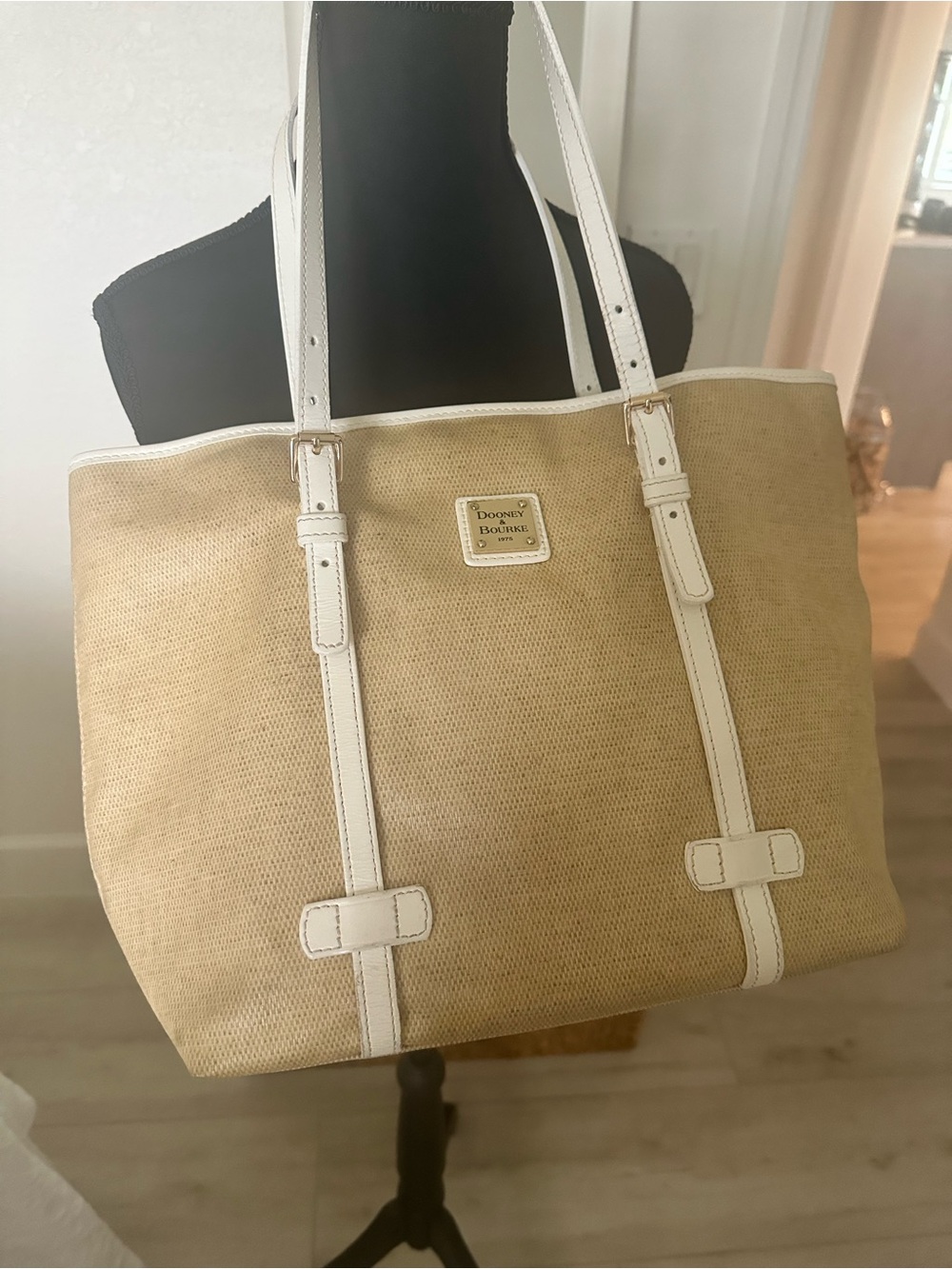 Dooney & Bourke East West Shopper Natural with White Trim and Straps